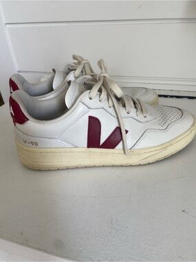 Veja V-90 Sneakers in White and Burgundy